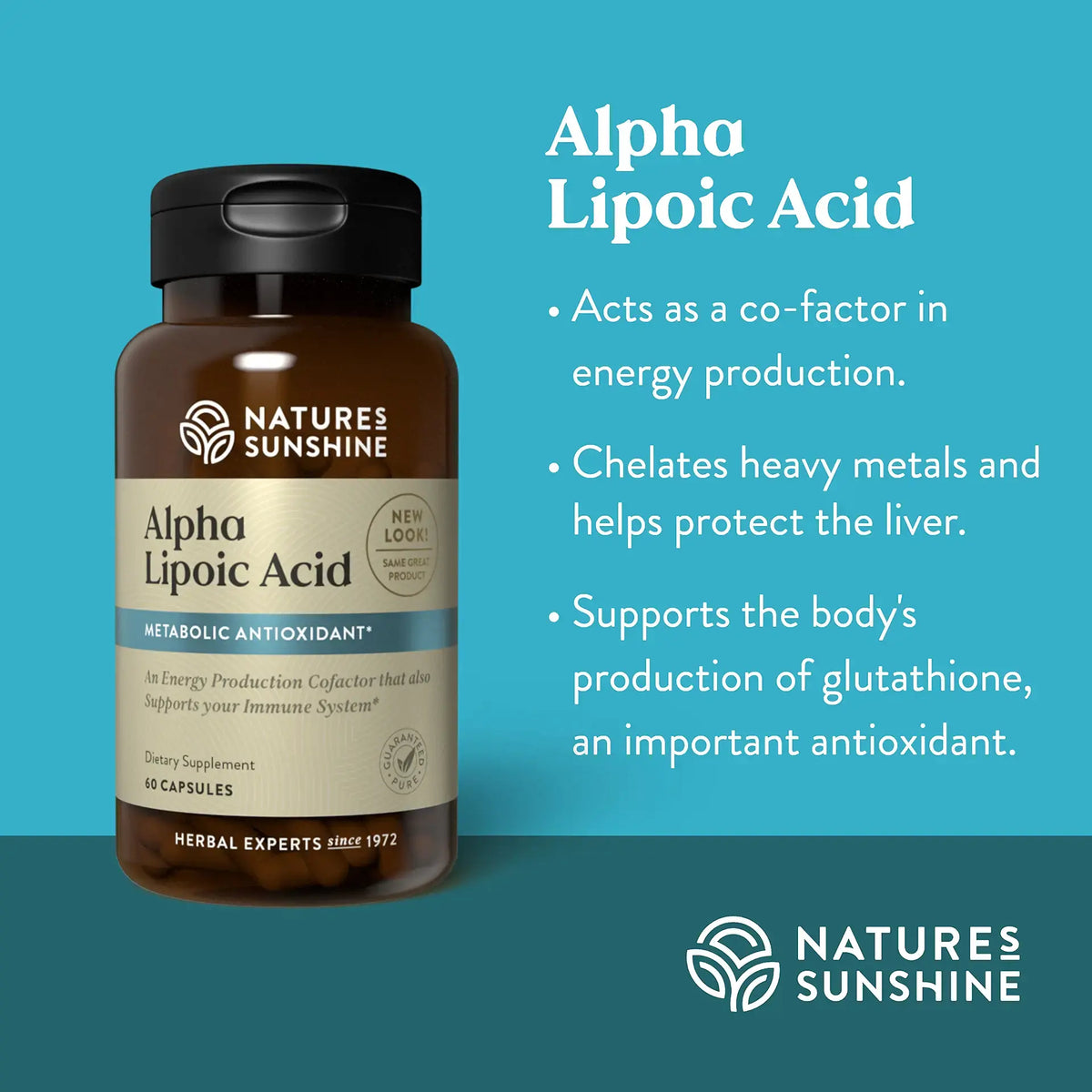 Nature's Sunshine Alpha Lipoic Acid dietary supplement bottle on a teal background with product benefits text on the right.