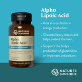 Nature's Sunshine Alpha Lipoic Acid dietary supplement bottle on a teal background with product benefits text on the right.