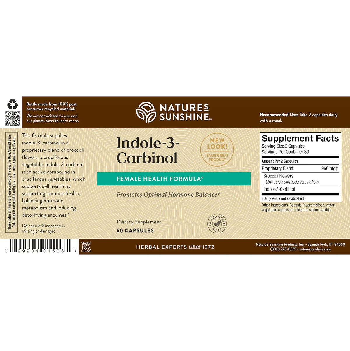 Natures Sunshine Indole-3-Carinol dietary supplement box packaging, featuring a brown and white design with a teal accent banner and a Supplement Facts label.