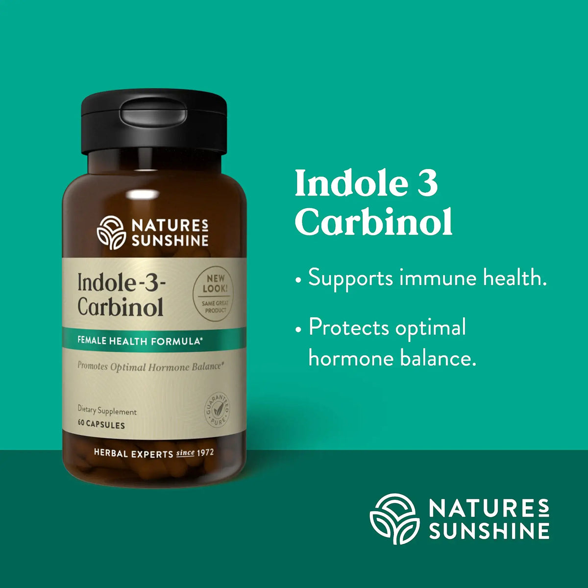 Nature's Sunshine Indole-3-Carinol dietary supplement bottle on a teal background with product text and the Nature's Sunshine logo.