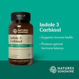 Nature's Sunshine Indole-3-Carinol dietary supplement bottle on a teal background with product text and the Nature's Sunshine logo.