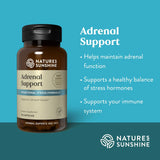 Nature's Sunshine Adrenal Support dietary supplement bottle on a teal background with promotional text highlighting adrenal support benefits.