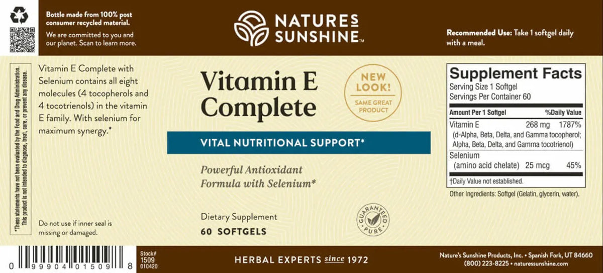 Natures Sunshine Vitamin E Complete dietary supplement packaging, featuring a cream and brown label with a Supplement Facts panel on the right and product details on the left.