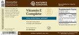 Natures Sunshine Vitamin E Complete dietary supplement packaging, featuring a cream and brown label with a Supplement Facts panel on the right and product details on the left.