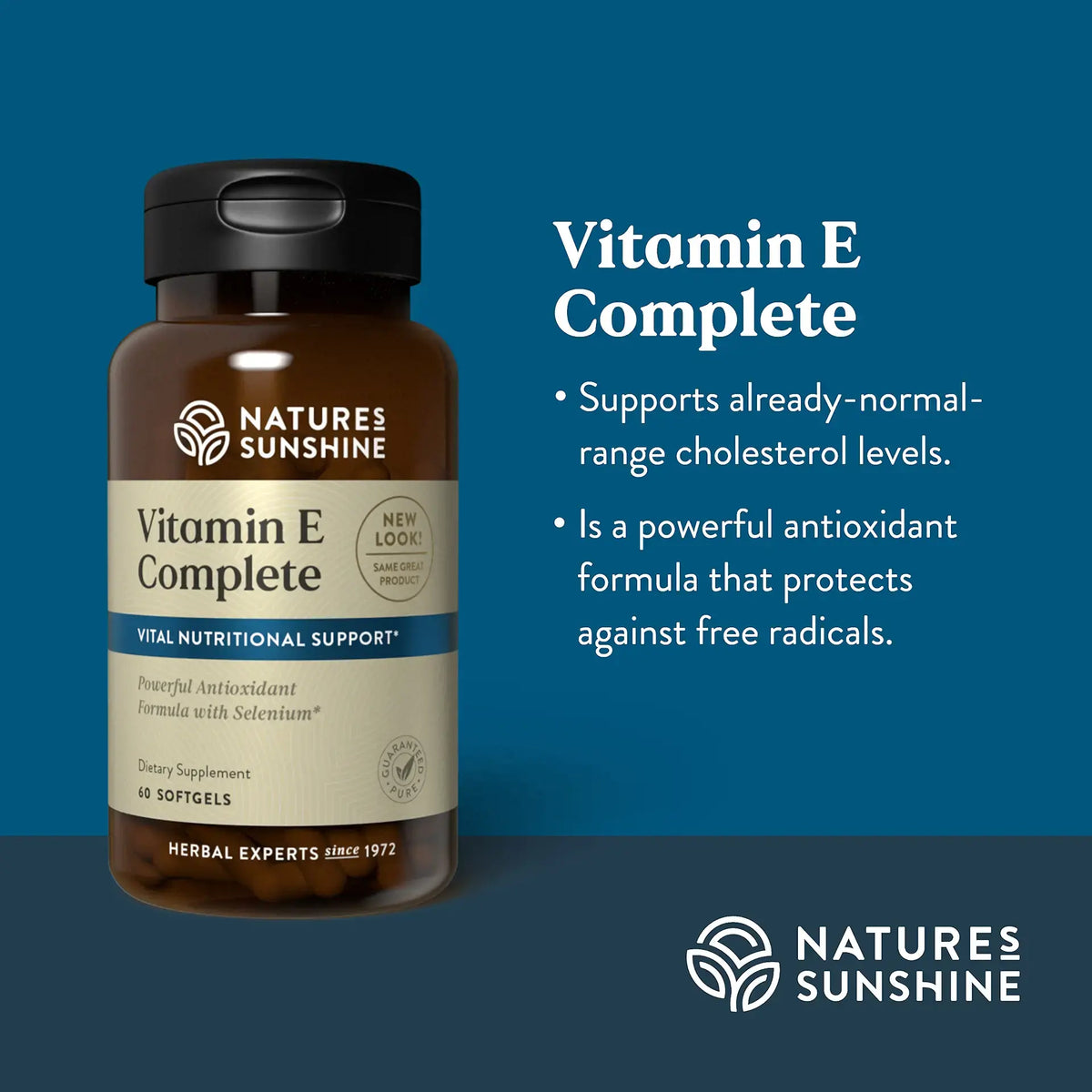Nature's Sunshine Vitamin E Complete dietary supplement bottle on a dark blue background with product text and benefits listed on the right.