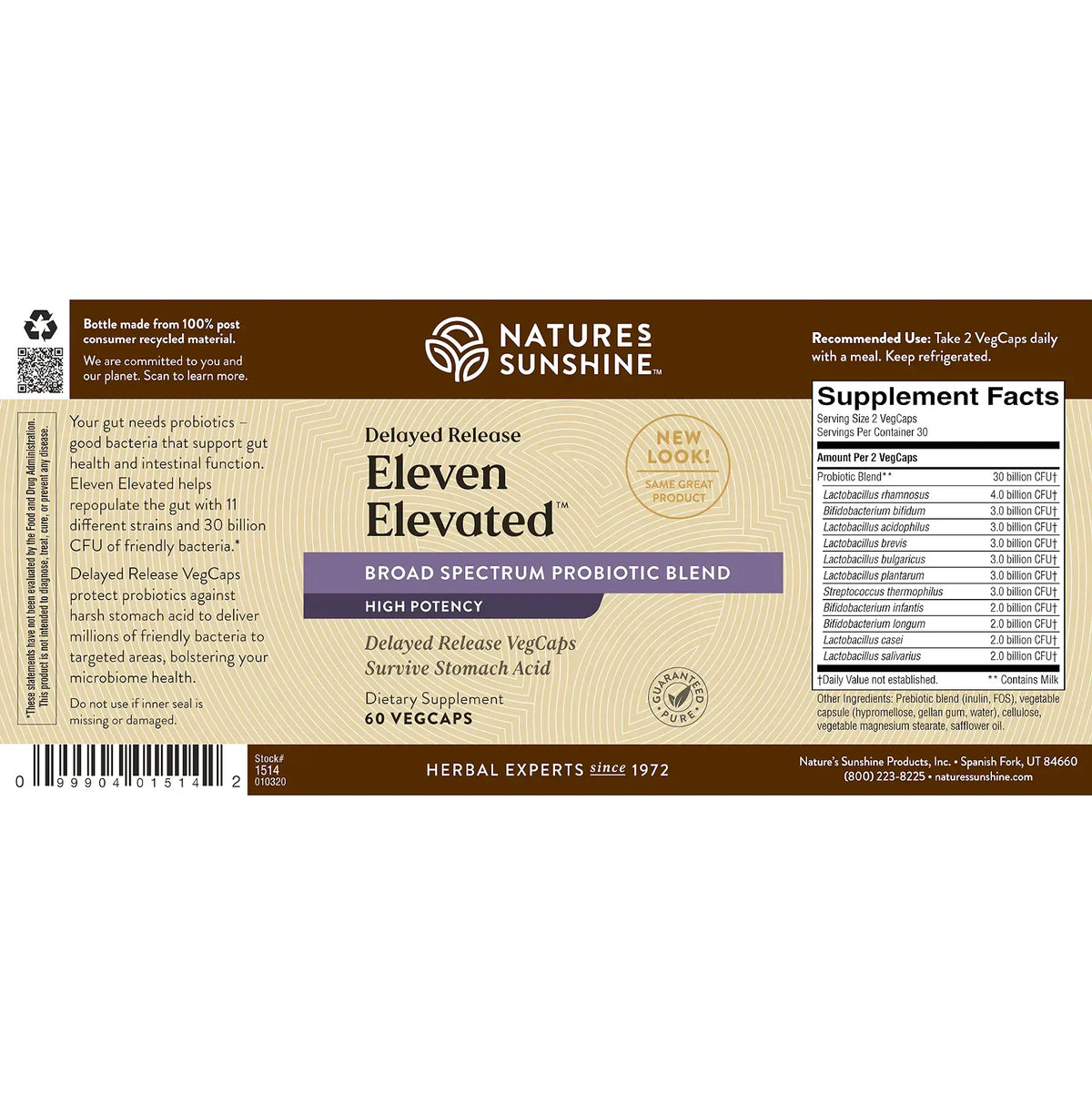 Natures Sunshine Eleven Elevated Delayed Release probiotic supplement packaging, featuring a brown and beige label with a supplement facts panel on the right.