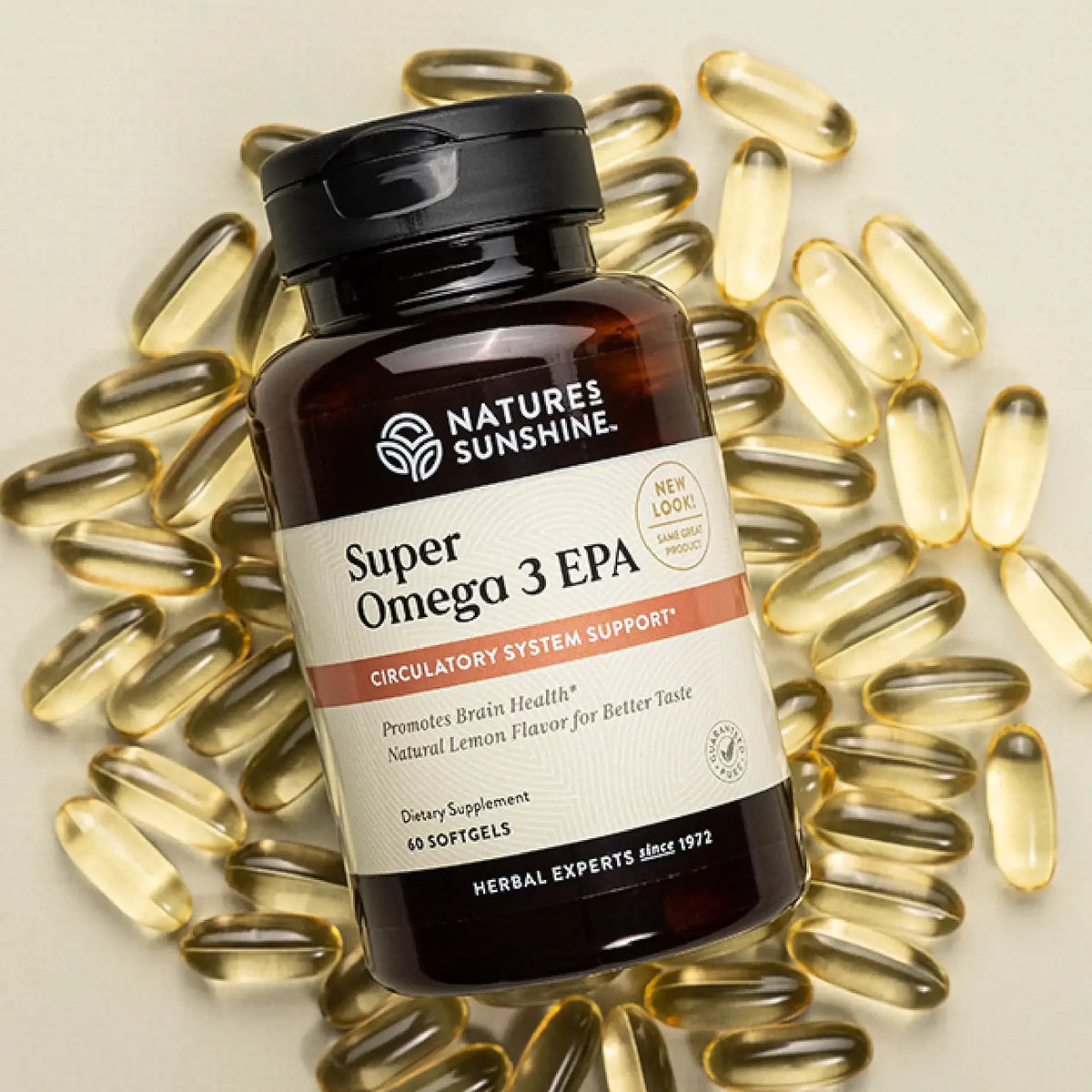 A bottle of Nature's Sunshine Super Omega 3 EPA dietary supplement, surrounded by scattered golden-yellow softgel capsules on a light beige background.
