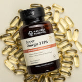 A bottle of Nature's Sunshine Super Omega 3 EPA dietary supplement, surrounded by scattered golden-yellow softgel capsules on a light beige background.