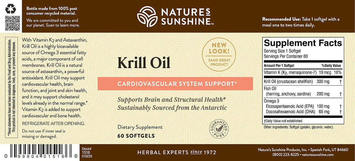 The back of a Nature's Sunshine Krill Oil supplement box, showing the Supplement Facts panel, ingredients list, and barcode on a dark brown background.