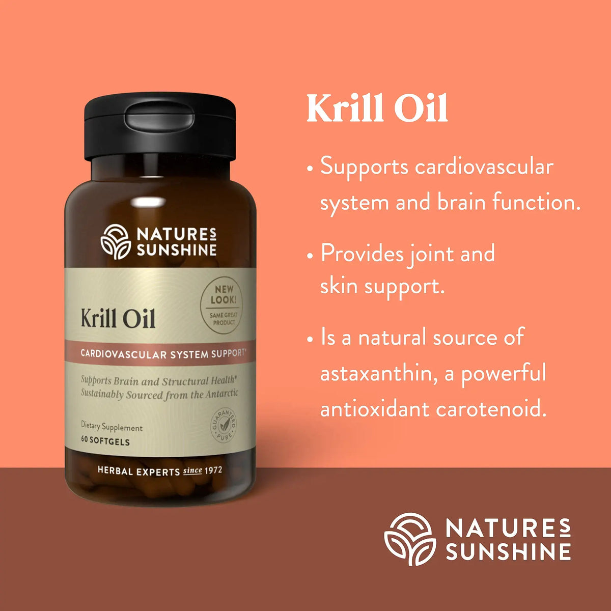 Natures Sunshine Krill Oil dietary supplement bottle on a coral-orange background with text describing its benefits for cardiovascular and joint support.