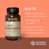 Natures Sunshine Krill Oil dietary supplement bottle on a coral-orange background with text describing its benefits for cardiovascular and joint support.