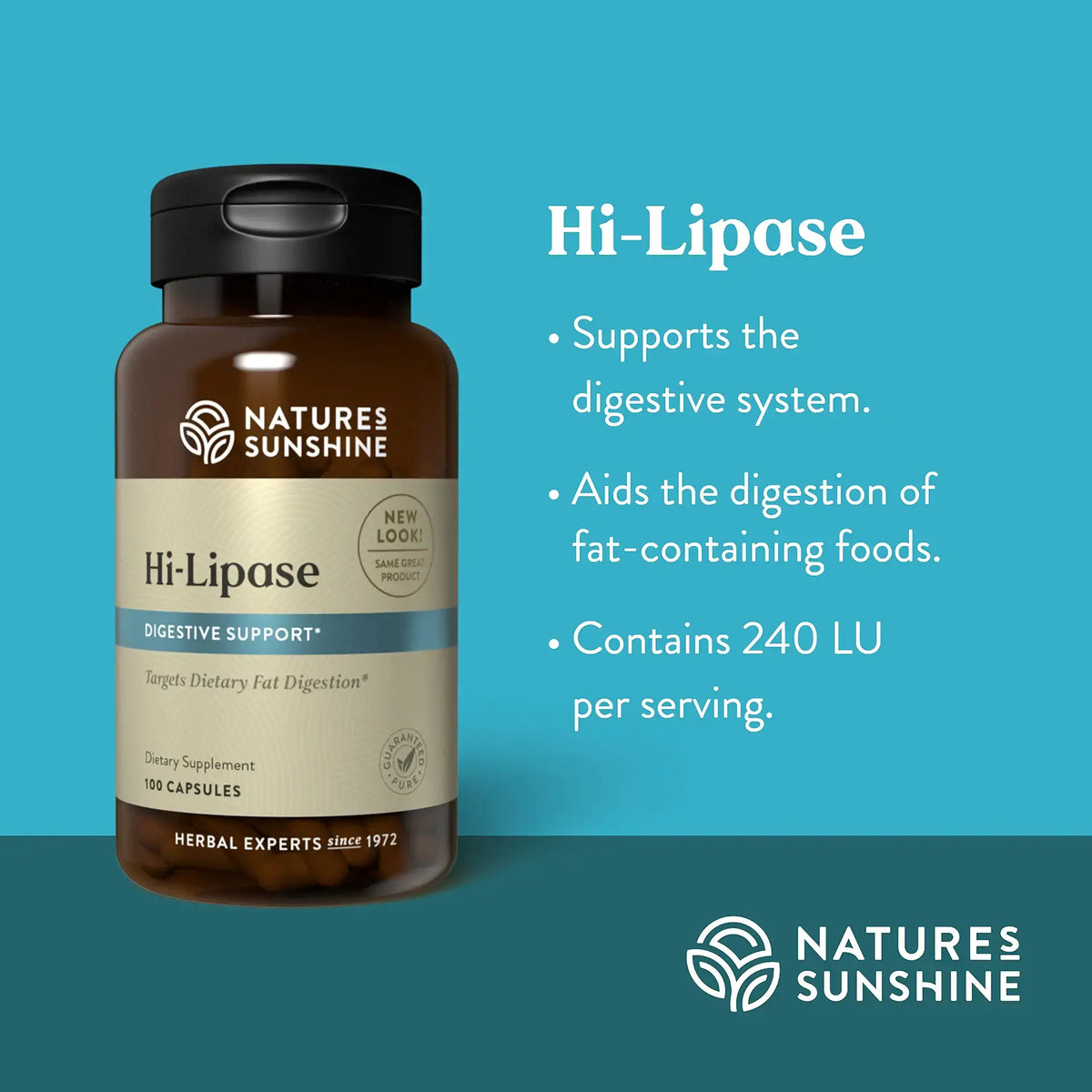 Natures Sunshine Hi-Lipase supplement bottle on a blue background with product details.
