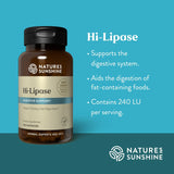 Natures Sunshine Hi-Lipase supplement bottle on a blue background with product details.