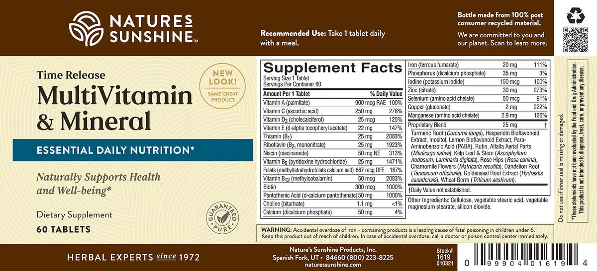 Natures Sunshine MultiVitamin & Mineral supplement bottle label showing the back side with supplement facts, ingredients, and barcode on a white background.