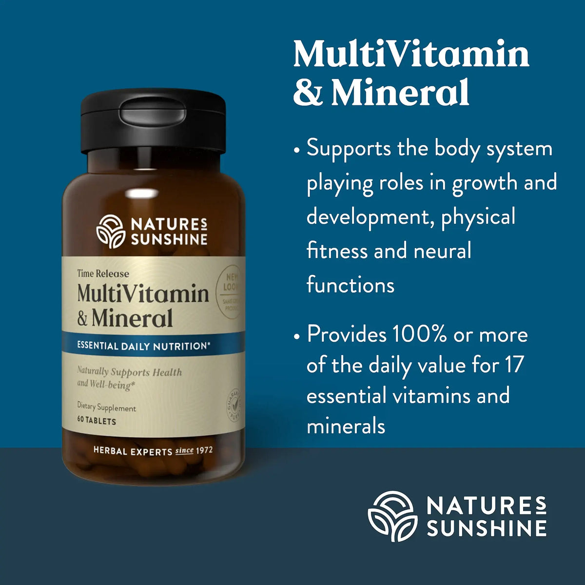 Natures Sunshine MultiVitamin & Mineral supplement bottle on a blue background with product details.