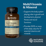 Natures Sunshine MultiVitamin & Mineral supplement bottle on a blue background with product details.