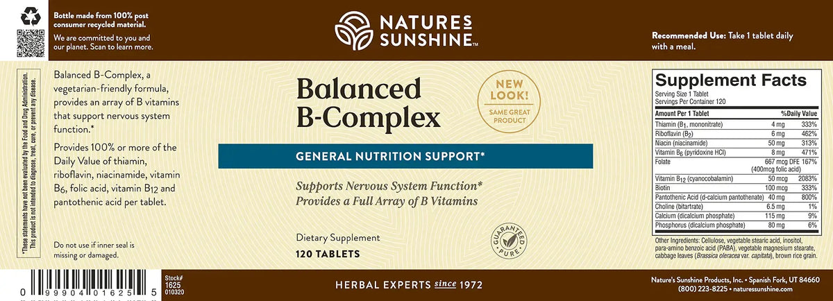 Front and back label of Nature's Sunshine Balanced B-Complex dietary supplement, showing supplement facts, ingredients, and barcode on a brown and cream background.