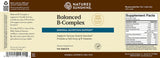 Front and back label of Nature's Sunshine Balanced B-Complex dietary supplement, showing supplement facts, ingredients, and barcode on a brown and cream background.