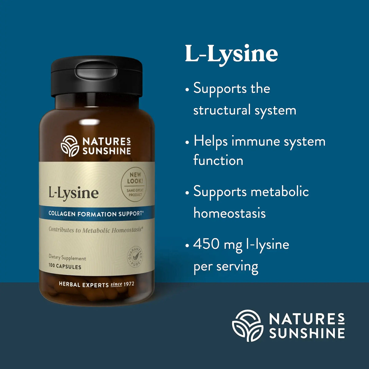 Nature's Sunshine L-Lysine dietary supplement bottle on a dark blue background with white text listing benefits such as supporting the structural system and immune system function.