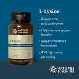 Nature's Sunshine L-Lysine dietary supplement bottle on a dark blue background with white text listing benefits such as supporting the structural system and immune system function.