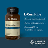 Natures Sunshine L-Carnitine dietary supplement bottle on a dark blue background with product details and bullet points printed on the right.