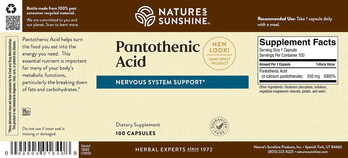 Natures Sunshine Pantothenic Acid dietary supplement bottle label showing 100 capsules, with product details, supplement facts, and a barcode on a beige background.