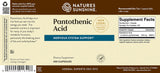 Natures Sunshine Pantothenic Acid dietary supplement bottle label showing 100 capsules, with product details, supplement facts, and a barcode on a beige background.