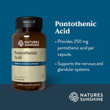 Nature's Sunshine Pantothenic Acid dietary supplement bottle on a dark blue background with text detailing its 250 mg pantothenic acid content and nervous system support benefits.