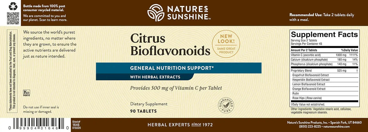 Natures Sunshine Citrus Bioflavonoids herbal supplement bottle label showing product details, supplement facts, and barcode on a brown and beige background.