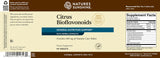 Natures Sunshine Citrus Bioflavonoids herbal supplement bottle label showing product details, supplement facts, and barcode on a brown and beige background.