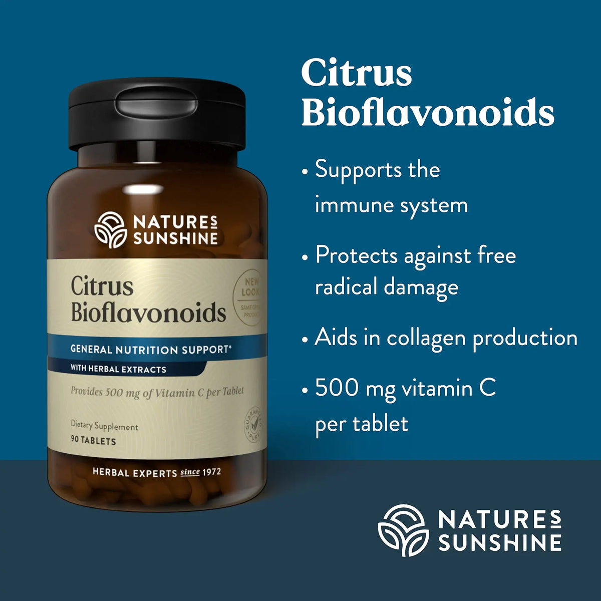 Nature's Sunshine Citrus Bioflavonoids supplement bottle on a dark blue background with white text listing benefits such as immune support, antioxidant protection, collagen aid, and 500 mg vitamin C per tablet.