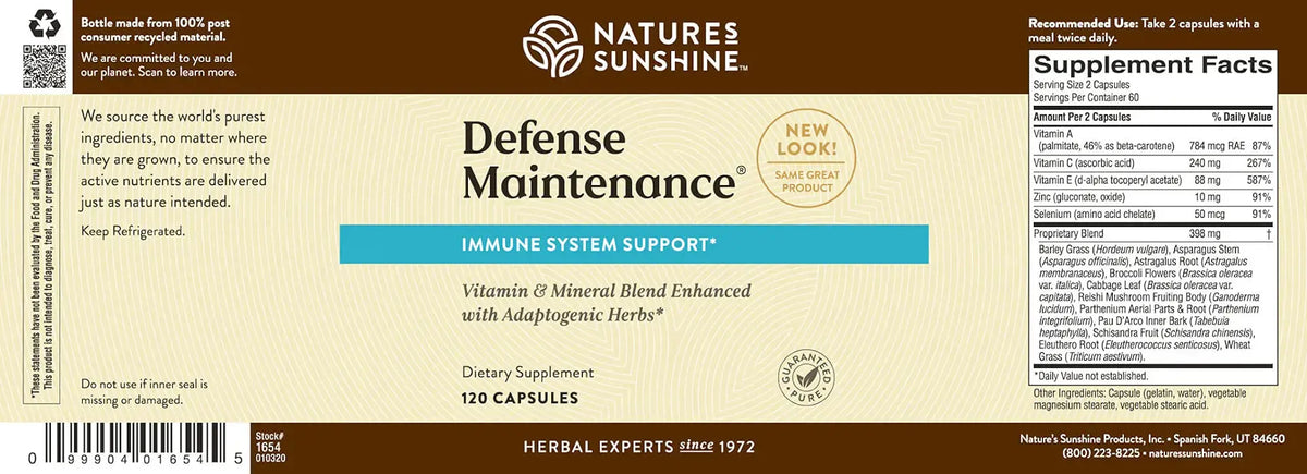 Front and back views of a Nature's Sunshine Defense Maintenance herbal supplement bottle label, showing product details, ingredients, and supplement facts on a beige background with blue and white accents.
