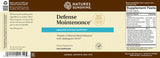 Front and back views of a Nature's Sunshine Defense Maintenance herbal supplement bottle label, showing product details, ingredients, and supplement facts on a beige background with blue and white accents.