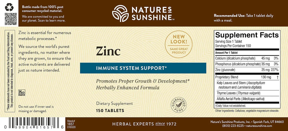 Natures Sunshine Zinc supplement label with text and branding.