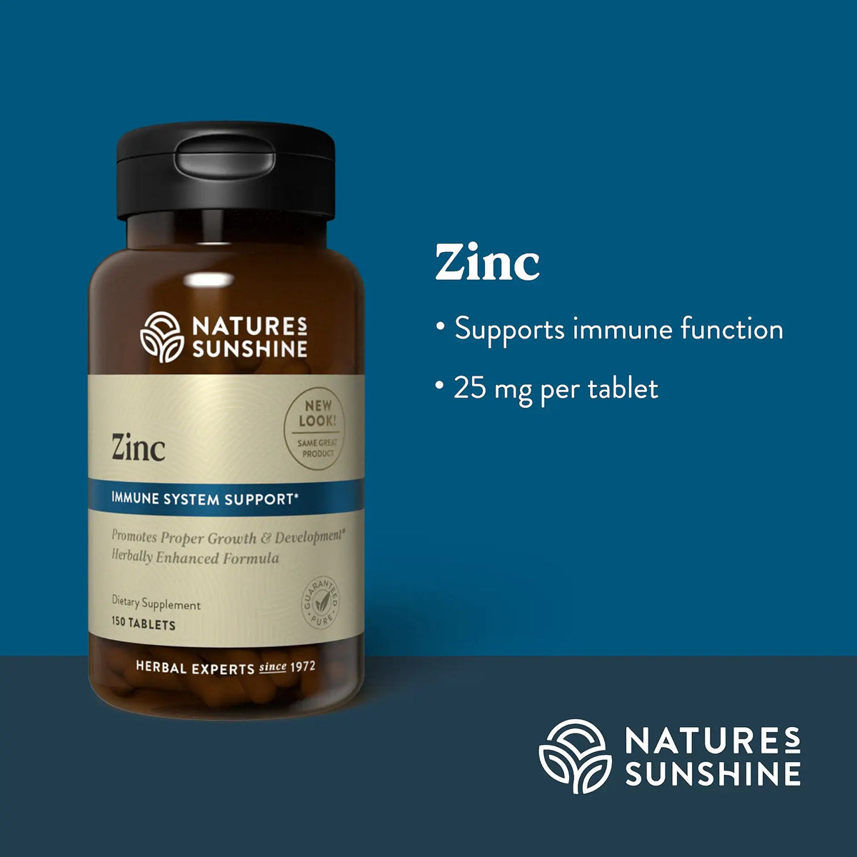 Natures Sunshine Zinc supplement bottle on a blue background