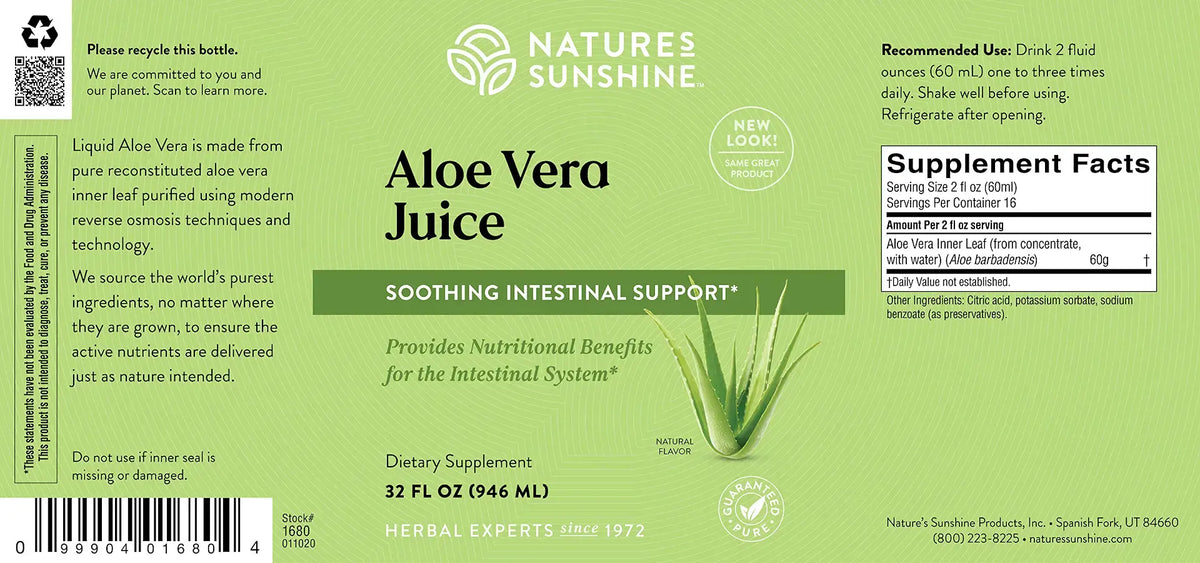 The back of a Nature's Sunshine Aloe Vera Juice dietary supplement bottle, showing the label design with product details, usage instructions, and a barcode on a light green background.