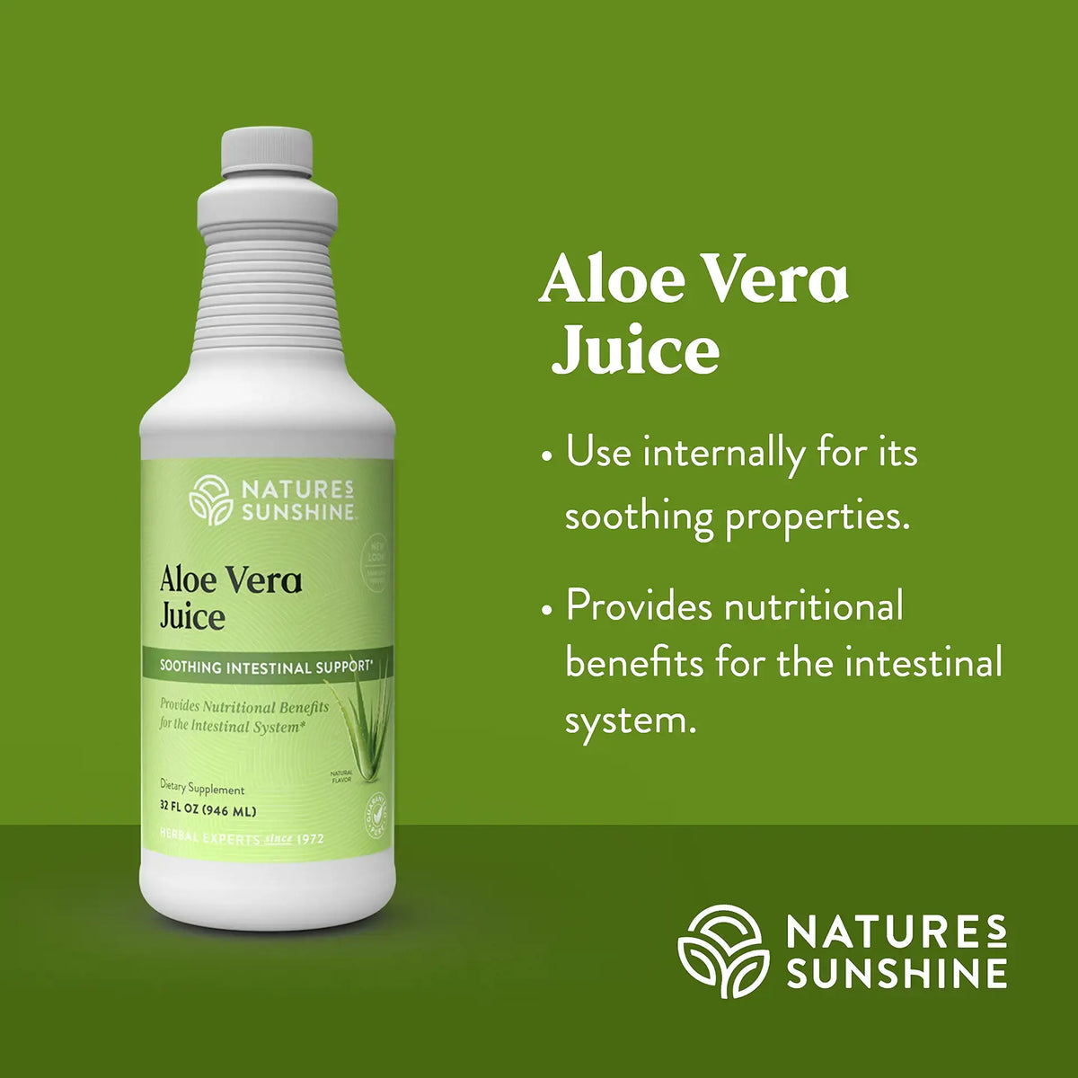 Bottle of Natures Sunshine Aloe Vera Juice on a green background with product details.