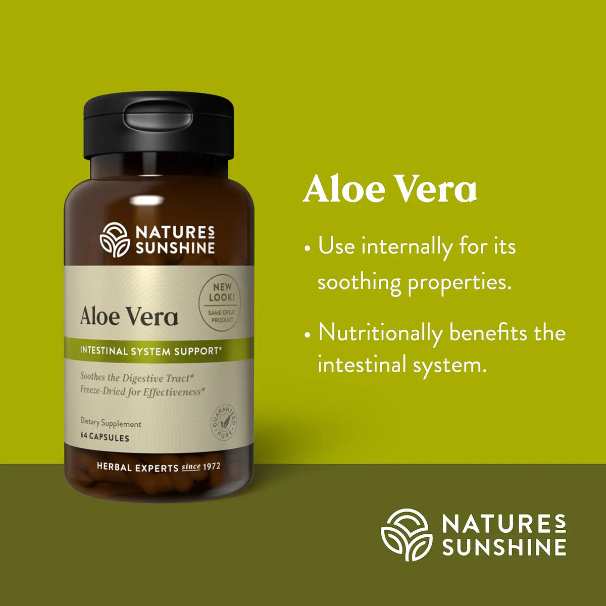 Nature's Sunshine Aloe Vera dietary supplement bottle on a green background with text describing its soothing properties and intestinal system support.