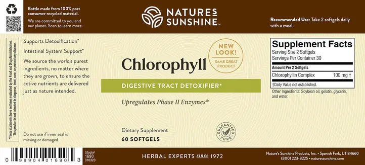 Natures Sunshine Chlorophyll Digestive Tract Detoxifier supplement label showing 60 softgels, with a brown header, beige background, green text block, and a supplement facts panel.