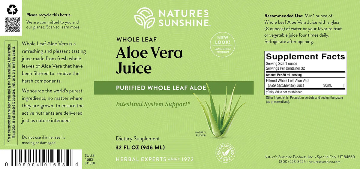 Front and back label of Nature's Sunshine Whole Leaf Aloe Vera Juice dietary supplement, showing product details, usage, and supplement facts on a light green background.