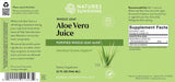 Front and back label of Nature's Sunshine Whole Leaf Aloe Vera Juice dietary supplement, showing product details, usage, and supplement facts on a light green background.