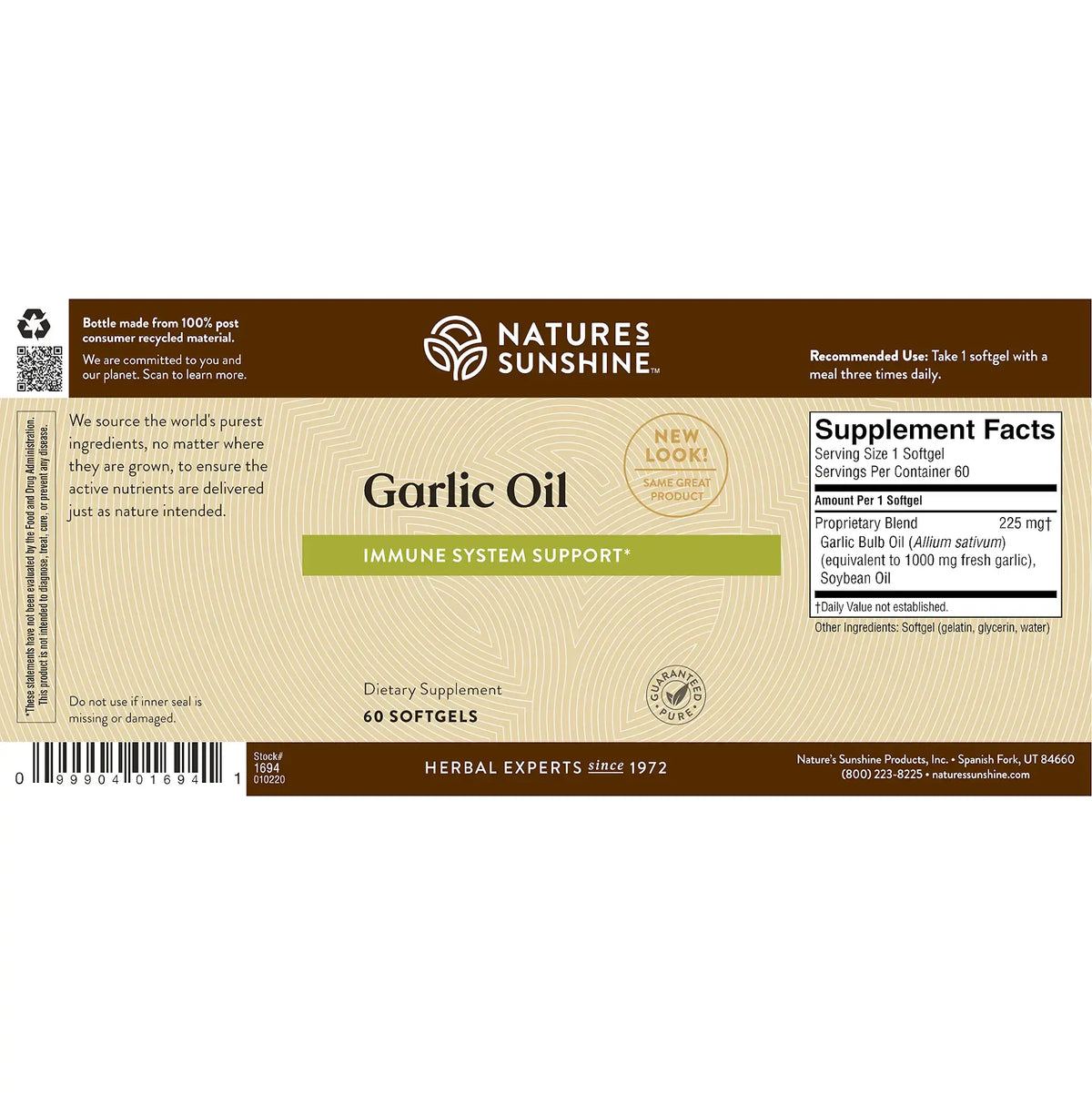 Natures Sunshine Garlic Oil dietary supplement box, 60 softgels, featuring a beige and brown label with product details and a supplement facts panel.