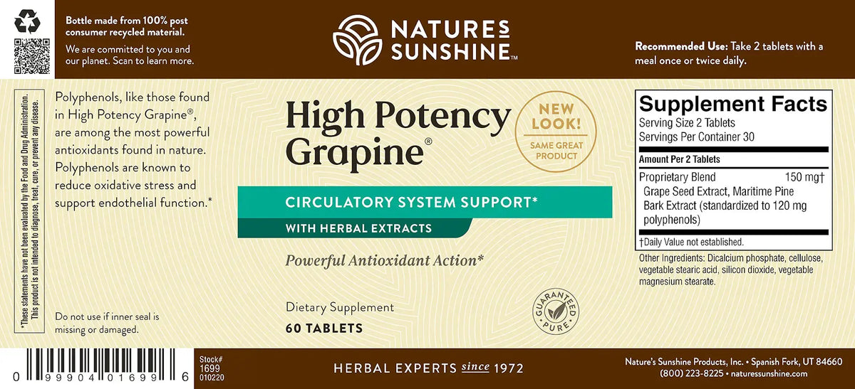 Front and back label of Nature's Sunshine High Potency Grapine herbal supplement, showing product details, benefits, and a supplement facts panel on a brown and beige background.