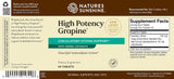 Front and back label of Nature's Sunshine High Potency Grapine herbal supplement, showing product details, benefits, and a supplement facts panel on a brown and beige background.