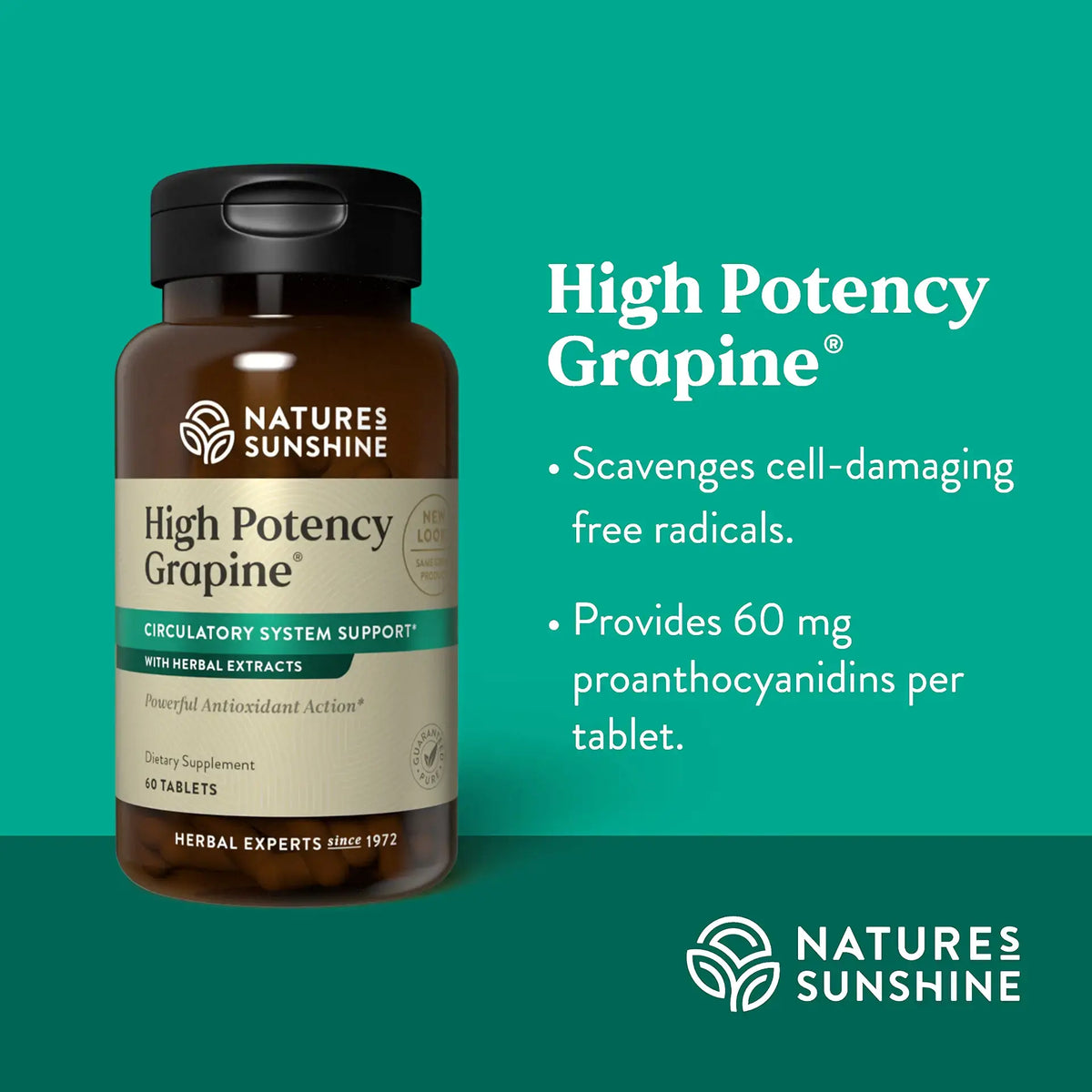 Natures Sunshine High Potency Grapeine supplement bottle on a green background
