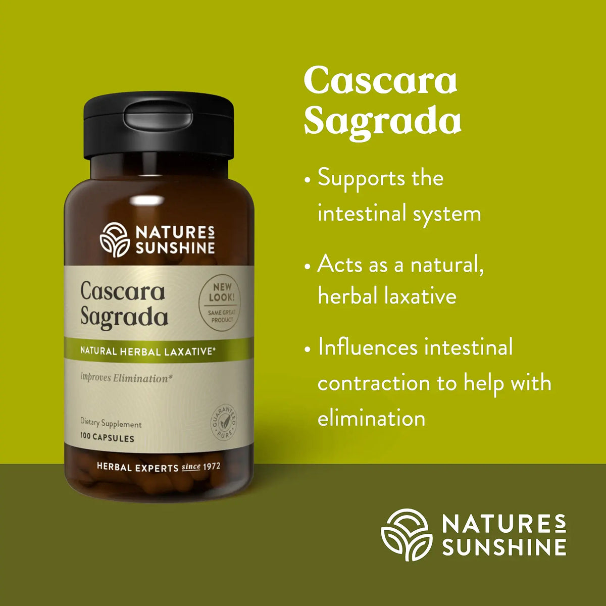 Nature's Sunshine Cascara Sagrada dietary supplement bottle on a green background with product benefits text.
