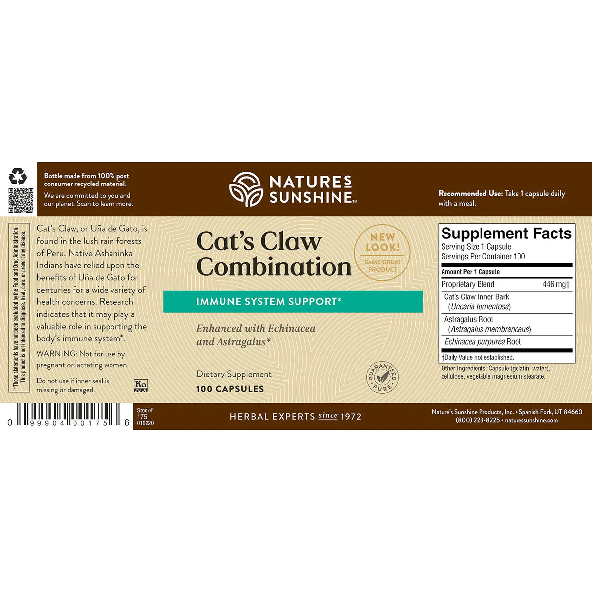 The back of a Natures Sunshine Cat's Claw Combination dietary supplement box, showing the Supplement Facts panel, ingredients list, and barcode on a white background.