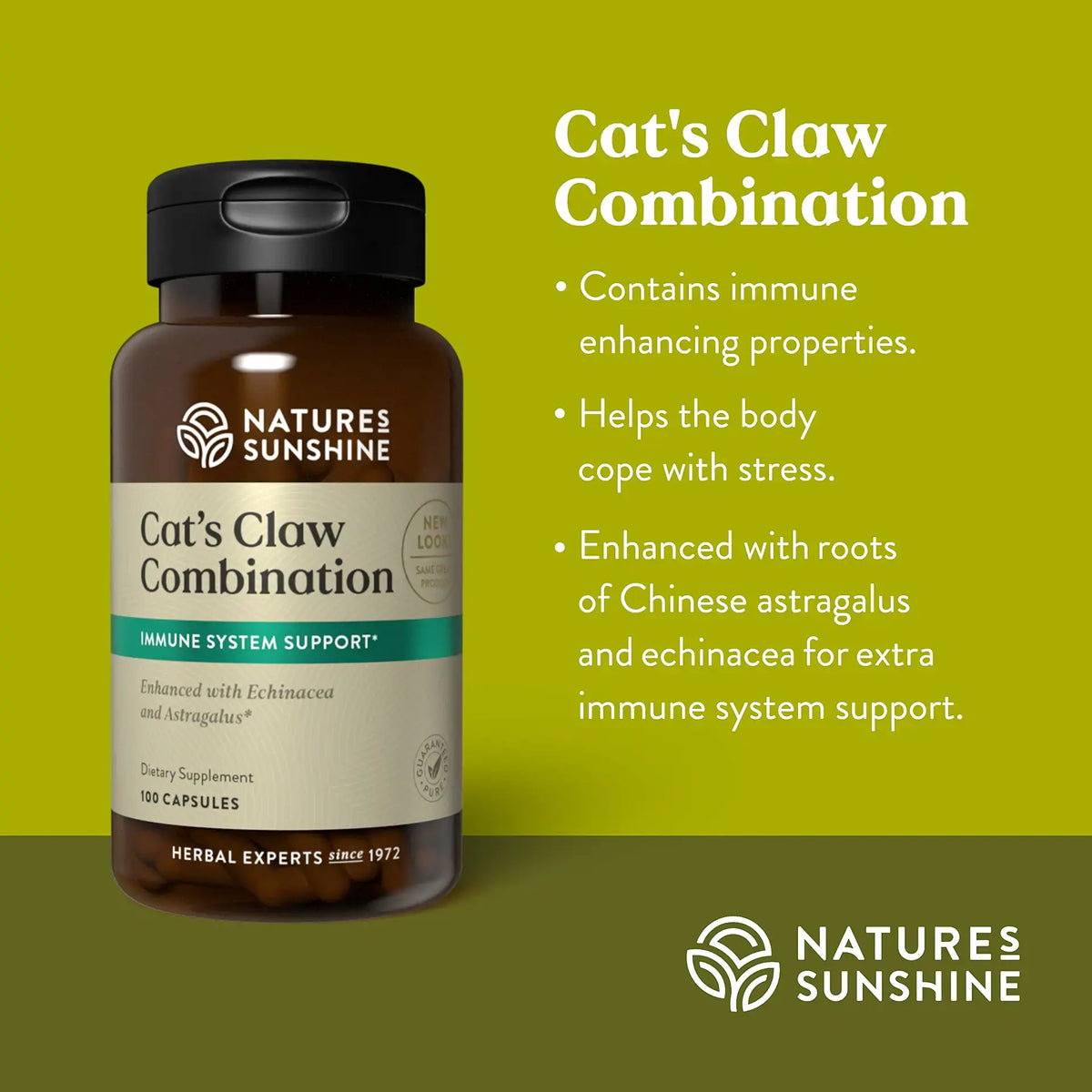 Nature's Sunshine Cat's Claw Combination herbal supplement bottle on a green background with product details and bullet points.