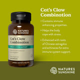Nature's Sunshine Cat's Claw Combination herbal supplement bottle on a green background with product details and bullet points.