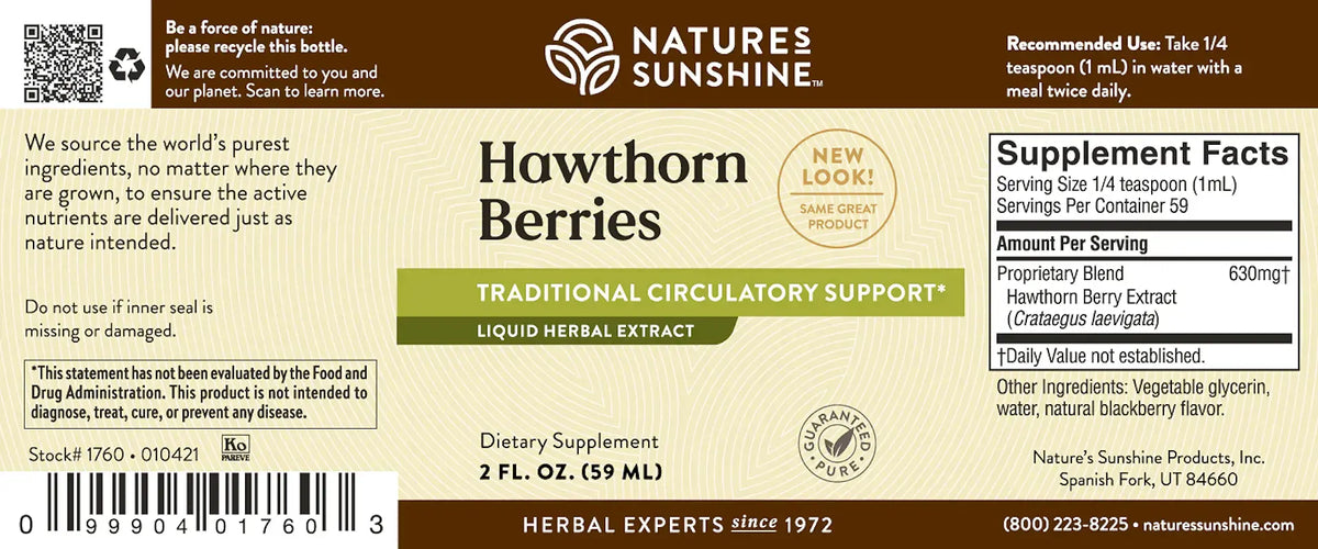 Back label of Nature's Sunshine Hawk Thorn Berries liquid herbal extract, showing product name, ingredients, recommended use, nutrition facts, and barcode on a tan and green label design.